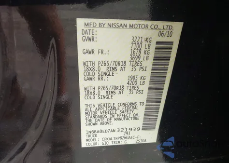 2010 Nissan Titan Se from USA, damaged, VIN 1N6BA0ED7AN321939